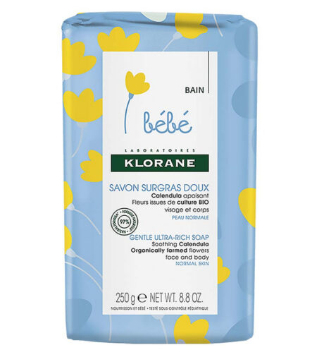 Klorane – Savon surgras doux Calendula apaisant – Bébé – Peau normale – Visage et Corps 250 g