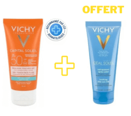 VICHY CAPITAL SOLEIL EMULSION PROTECTRICE ANTI BRILLANCE PEAU MIXTE A GRASSE 50 ML SPF 50+LAIT APRÉS SOLEIL 100ML OFFERT