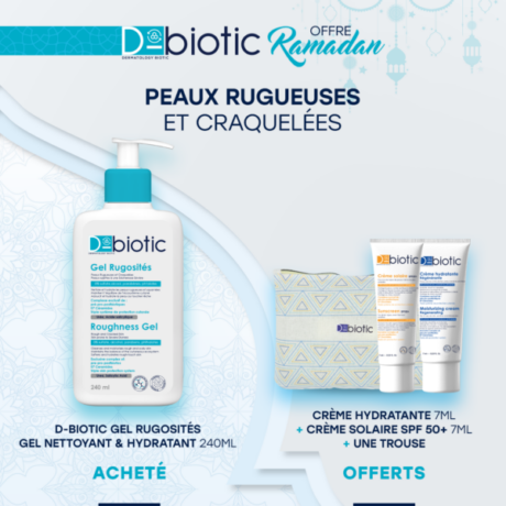 D-BIOTIC Gel Rugosités 240 ml = Crème Hydratante 7ml + Crème Spf50 7ml + Trousse Offerts