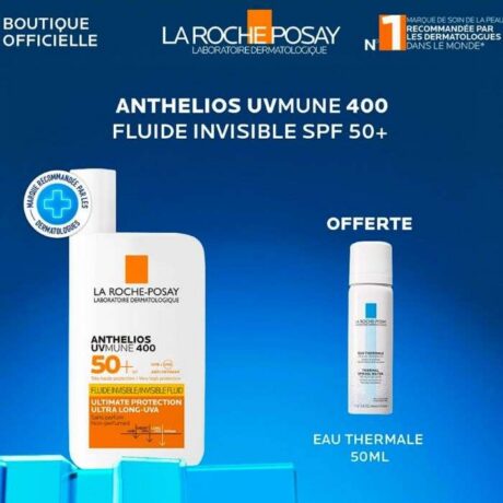 LA ROCHE POSAY OFFRE ANTHELIOS UVMUNE 400 FLUIDE SOLAIRE INVISIBLE SPF 50+ 50 ML + EAU THERMALE 50 ML OFFERTE