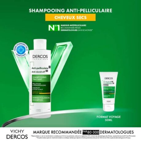VICHY DERCOS OFFRE SHAMPOING ANTI PELLICULAIRE DS CHEVEUX SECS 200 ML + FORMAT VOYAGE 50 ML OFFERT