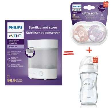 Avent Offre Sterilisateur De Biberons Advanced + Biberon Natural Glass 240 Ml Et Sucettes Ultra Soft 0-6 Mois Offertes