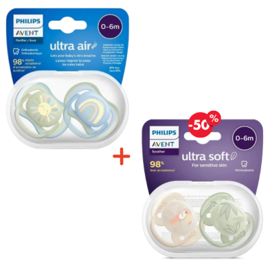 Avent Offre Sucettes Orthodontique Ultra Air Peau Sensible 0-6 Mois Boy Pack De 2 + 2Eme Ultra Soft Pack De 2 A -50%