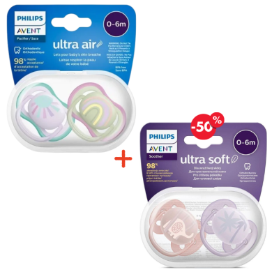 Avent Offre Sucettes Orthodontique Ultra Air Peau Sensible 0-6 Mois Girl Pack De 2 + 2Eme Ultra Soft Pack De 2 A -50%